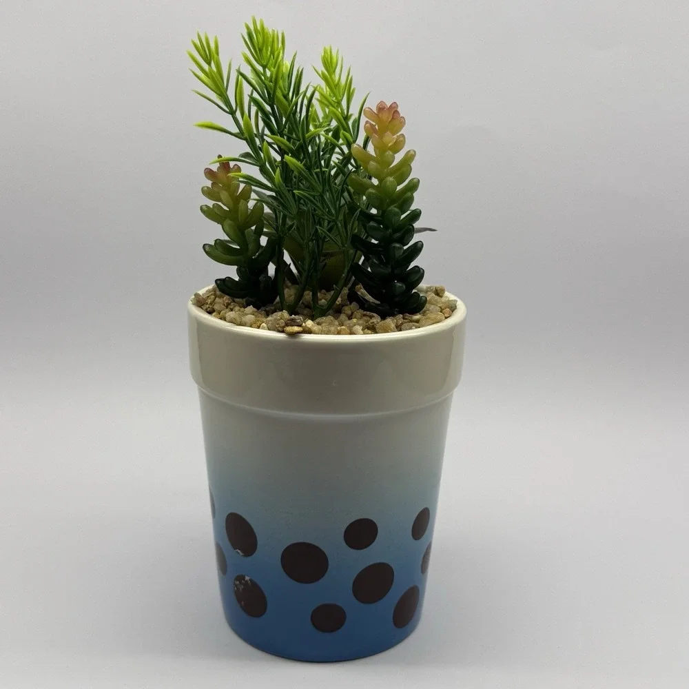 Boba Faux Plant Blue Kawaii Ceramic Succulent Arrangement 4in X 13in
